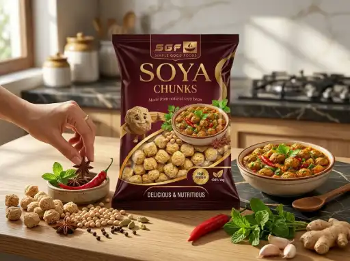 SGF Premium Soya Chunks pack showcasing high-protein vegetarian food product designed for distributors, wholesalers and retail markets.